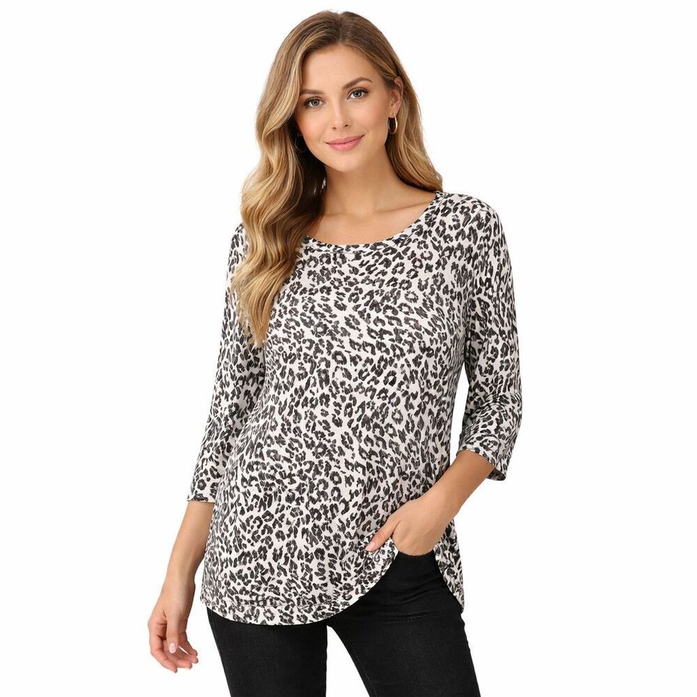 Ali Miles Shirt Womens Medium White Leopard Print 3/4 Sleeve Tunic Pockets